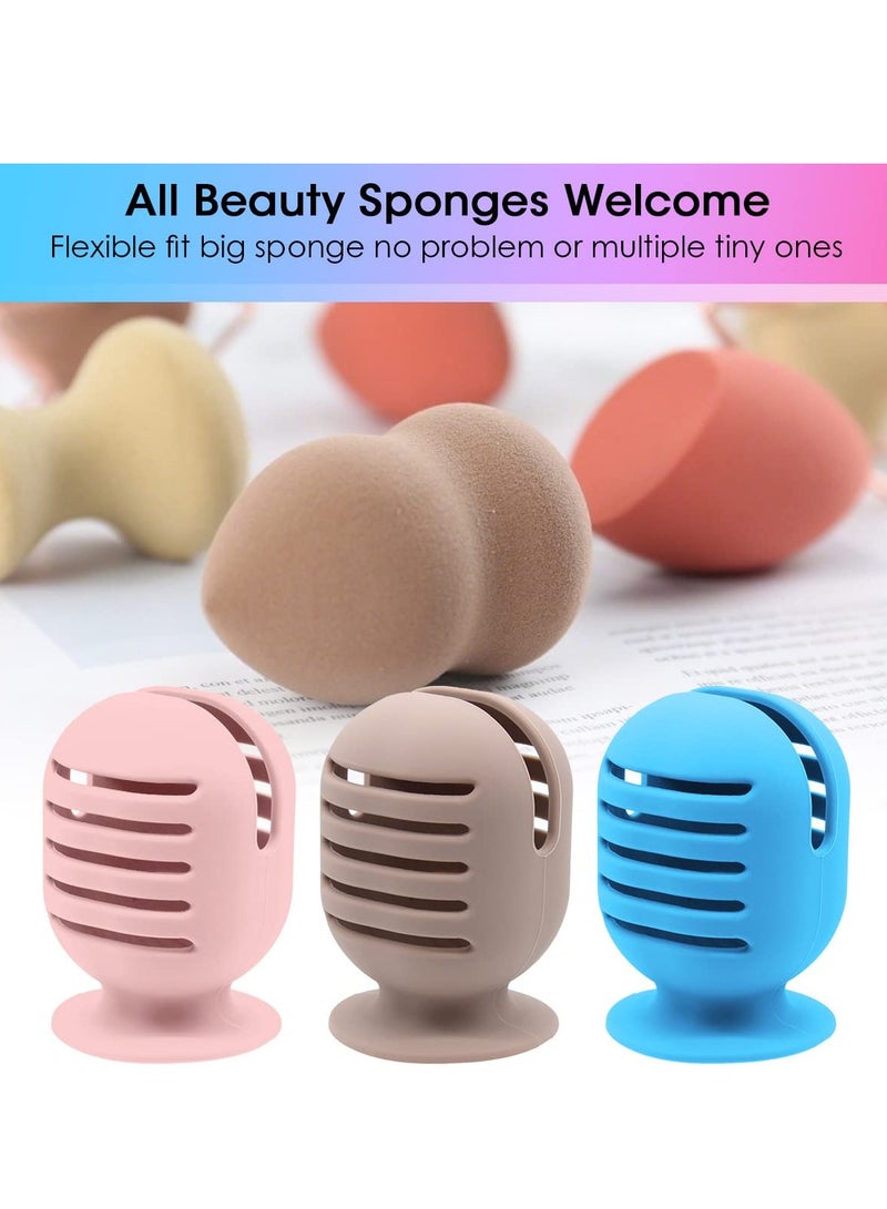 Makeup Sponge Holder, Silicone Beauty Blender Holder Case for Travel, Drying Stand Makeup Sponges Protective Carrying Case Holders Organizer for Makeup Portable Soft (Pink+Khaki+Blue) (3Pack) - Image 4